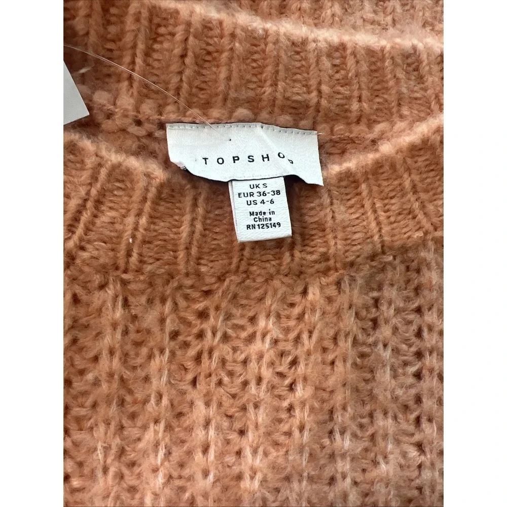 💗 TOPSHOP Peach Orange Cable Knit Puff Sleeve‎ Rib Pullover Small UK4/6 36-38